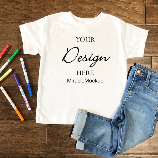 Kids White Mock up Toddler T-Shirt Tagless No Tag Toddler Shirts Jeans Markers Children Flat Lay Mockup Template nm5