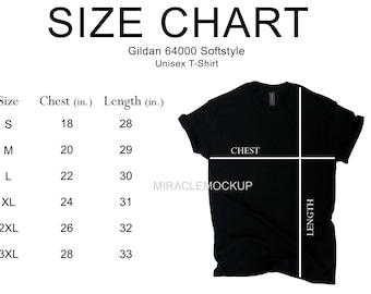 Size Chart Gildan 64000 Softstyle Mockup Shirt White Background Gildan Sizing Mock up Men&#39;s Unisex Tee T-Shirt Design Template g64000