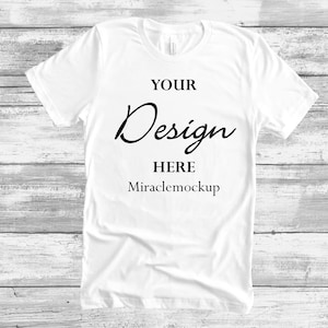 Bella Canvas 3001 White Mockup Shirt Unisex Men&#39;s Women&#39;s Tee Wood Background Mock Up Flat Lay Template T-Shirt dw1