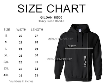 Gildan 18500 Hoodie Size Chart Mockup (Digital Download)