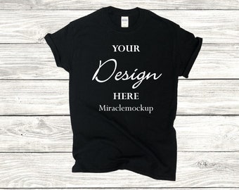 Black Gildan Mock Up 5000 Mock-Up Gildan Mockup Flat Lay Wood Background Men&#39;s Tee Shirt T-Shirt Design Template pm5