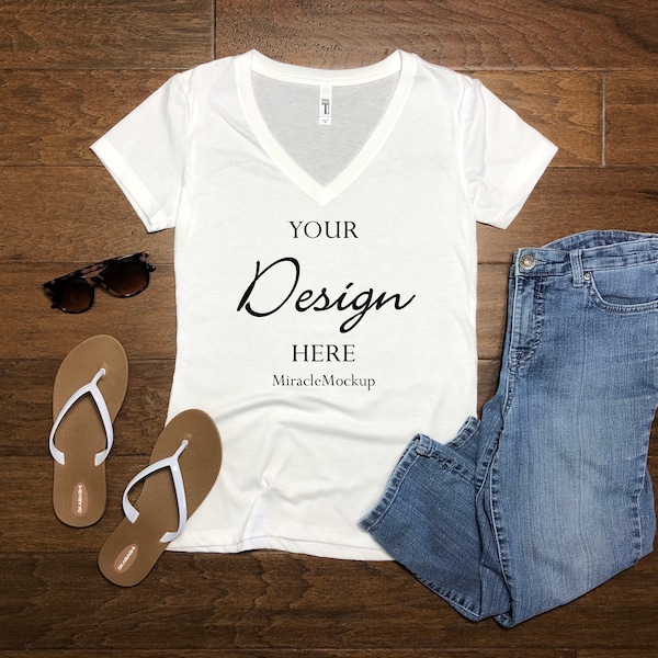 Next Level 1540 White Mock Up V-Neck T-Shirt Ideal V Mock-Up Summer Mockup Jeans Sandals Sunglasses Beach Tee Shirt Template nc8