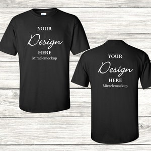 Front & Back Black Gildan 2000 Mock up Heavy Cotton Mock-Up Wood Background Gildan Mockup Men&#39;s Unisex Tee Shirt T-Shirt Design Template