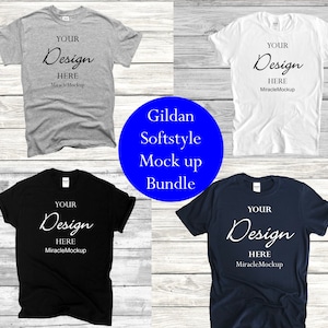 Gildan Softstyle Mock up Bundle T-shirt 64000 Mockup de chemise blanc noir sport gris marine chemise d&#39;été fond en bois modèle à plat wb6