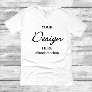 Bella Canvas 3005 White Mockup Shirt Vneck Unisex Men&#39;s Women&#39;s Flat Lay V-Neck Tee Wood Background Mock Up Template T-Shirt nf4