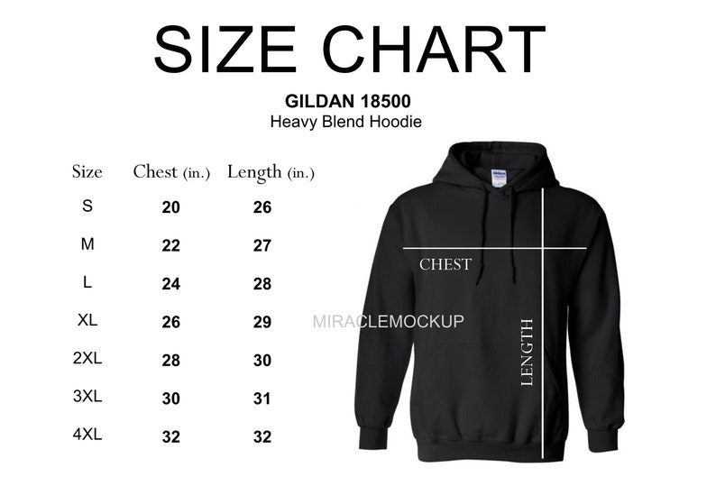 Gildan 18500 Size Chart Mockup Heavy Blend Hoodie Sizing | Etsy