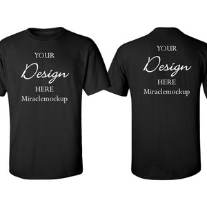 May include: Black t-shirts, front and back view, with white text that reads "YOUR Design HERE Miraclemockup". The shirts are short-sleeved and appear to be made of a soft material. The image is a product mockup.