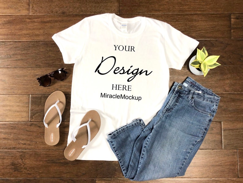 Download White Gildan Softstyle Mock Up 64000 Shirt Mockup Wood | Etsy