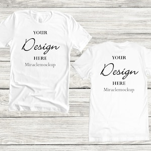 Vorderseite & Rückseite Bella Canvas White Mock up Shirt Mockup Holz Hintergrund Tee Mock-up Unisex Tee T-Shirt Design Template ht5