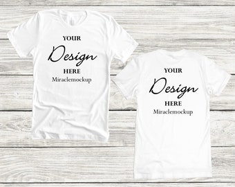 Front & Back Bella Canvas White Mock up Shirt Mockup Wood Background Tee Mock-up Unisex Tee T-Shirt Design Template ht5