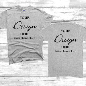 Front & Back Sport Grey Gildan Softstyle 64000 Mock up T-Shirt Wood Background Unisex Tee Shirt Design Template n1