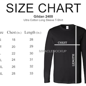 Gildan 2400 Size Chart Mockup Ultra Cotton  Long Sleeve T-Shirt Sizing Gildan Black Mock up Sizes Template Size Chart