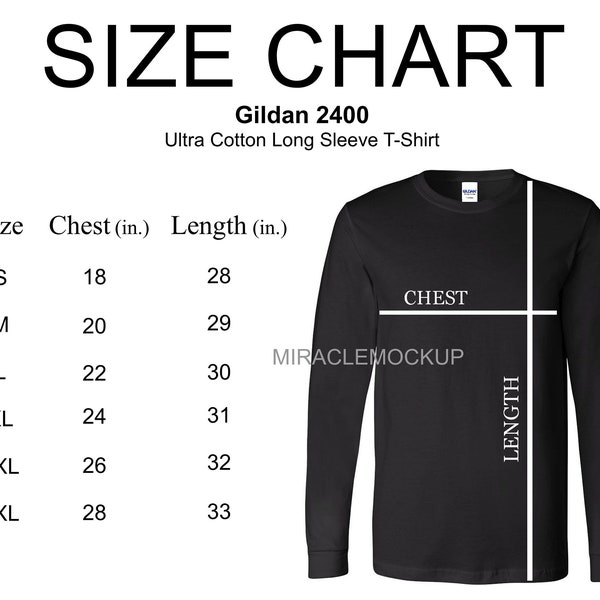 Gildan 2400 Size Chart Mockup Ultra Cotton  Long Sleeve T-Shirt Sizing Gildan Black Mock up Sizes Template Size Chart