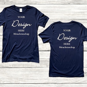 Front & Back Navy Gildan Softstyle Mock up 64000 Mock-up Wood Background Men&#39;s Unisex Tee Shirt T-Shirt Design Template np2