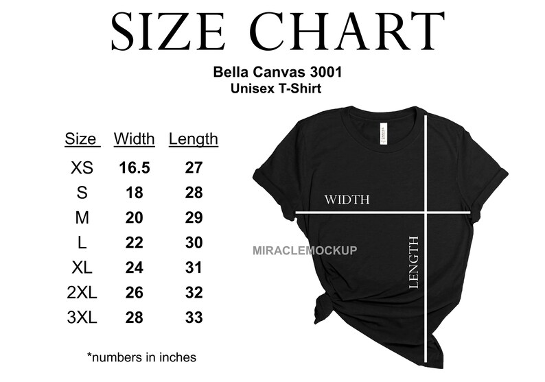 bella canvas unisex shirt size chart