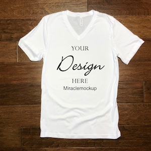 Bella Canvas White Mock Up Shirt 3005 V-Neck Unisex Men&#39;s Women&#39;s Flat Lay Tee Wood Background Vneck Mockup T-Shirt Template ng7
