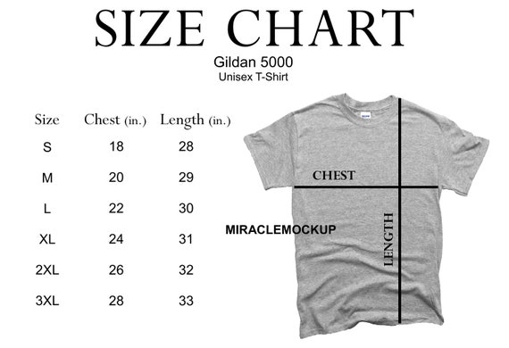 Size Chart Gildan 5000 Mock up Shirt 
