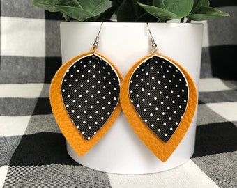 Faux leather earrings / nickel-free fish hook earrings / tear drop earrings / layered earrings / black and white polka dot / mustard yellow