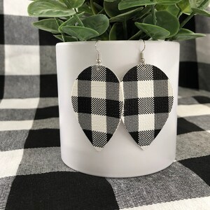 Faux leather earrings / nickel-free fish hook earrings / tear drop earrings / black and white gingham plaid faux leather