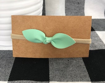 leather baby girl bow headband, leather baby girl bow hair clip, faux leather bow, faux leather hair clip, mint // ARLENE BOW