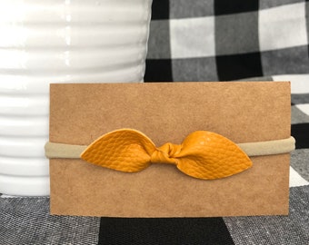 leather baby girl bow headband, leather baby girl bow hair clip, faux leather bow, faux leather hair clip, mustard yellow // ARLENE BOW