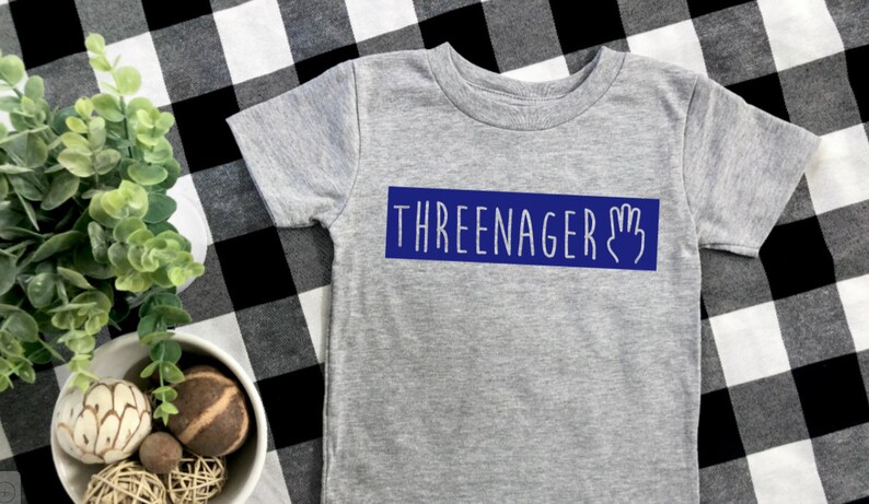 May include: A grey t-shirt with a blue rectangle that says "THREE-NAGER" with a hand with three fingers raised.