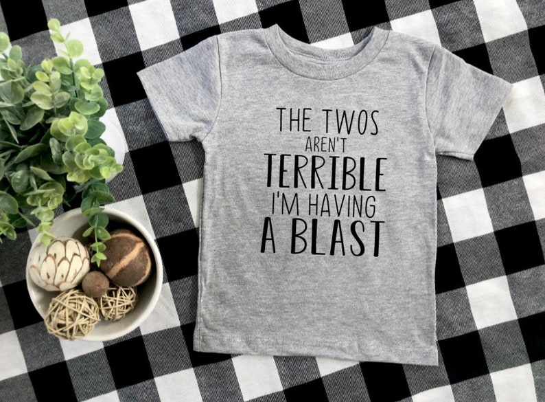 May include: Gray short-sleeved t-shirt with black text that reads "The Twos Aren't Terrible I'm Having A Blast".