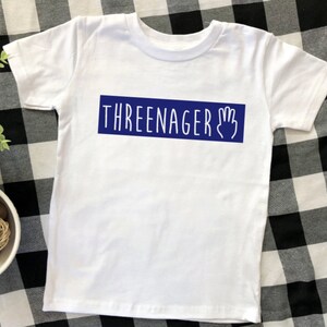 May include: White t-shirt with a blue rectangle that says "THREEENAGER" with a hand drawn three fingered hand.