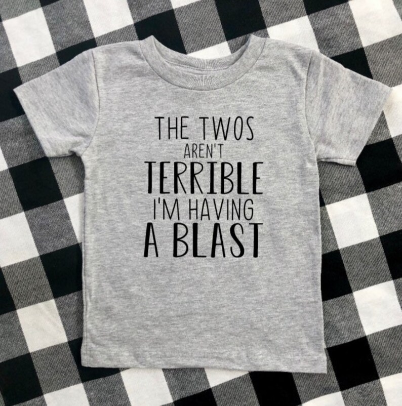 May include: Gray short-sleeved t-shirt with black text that reads "The Twos Aren't Terrible I'm Having A Blast".