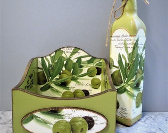 Hand-Painted Olive Kitchen Set: Wooden Spice Box & Decorated Bottle