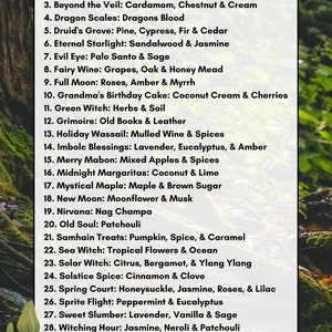 May include: A list of 30 different fragrance blends with names inspired by nature and mythology. Each blend is described with two ingredients, such as "Spices & Smoke" or "Coconut Cream & Cherries".