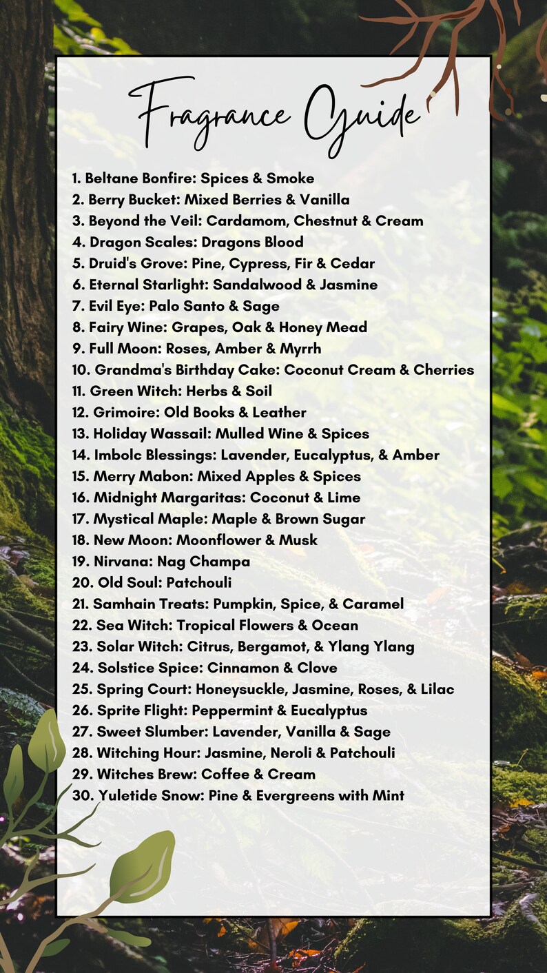 May include: A list of 30 different fragrance blends with names inspired by nature and mythology. Each blend is described with two ingredients, such as "Spices & Smoke" or "Coconut Cream & Cherries".