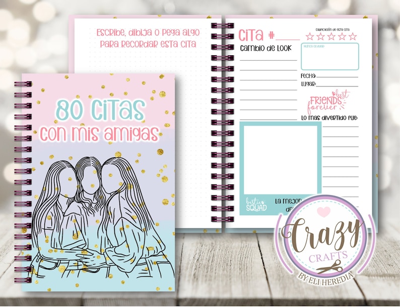 May include: A pink and blue notebook with a gold glitter background. The cover features a drawing of three girls with the text "80 CITAS con mis amigas". The notebook has a spiral binding and is designed for recording dates with friends.