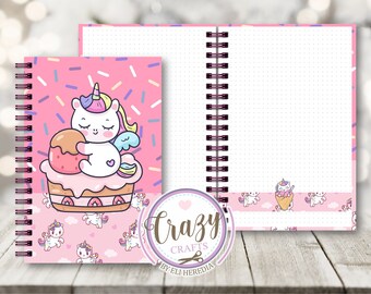 NOTEBOOK half letter Unicorn / Notebook with Stripes, Squares and Dots / Pdf Ready to print