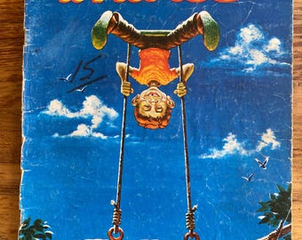May include: A vintage MAD magazine cover featuring a cartoon boy hanging upside down on a swing set against a blue sky with white clouds. The magazine cover is titled "MAD" and has the issue number "58" and date "Oct. '60". The price is listed as "25c" and "CHEAP".