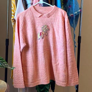 May include: A light coral-colored sweater with a textured pattern and a small collar. The long-sleeved sweater features an embroidered pony graphic on the front. The sweater is hanging on a clothing rack with other garments.