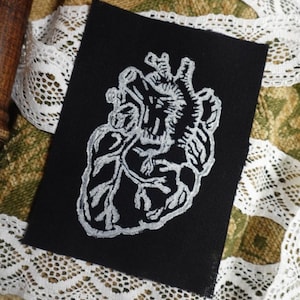 Anatomical Heart Linocut Patch: Gothic Block Print on Canvas