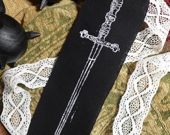Medieval Sword Linocut Patch: Hand-Printed Canvas Art