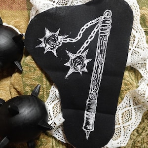 Medieval Double Flail Linocut Patch: Hand-Printed Canvas Art