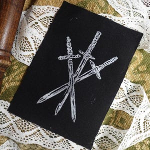 Sword Linocut Patch: Medieval Block Print on Canvas