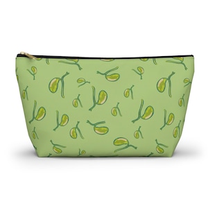 May include: A light green zippered pouch featuring a repeating pattern of stylized gallbladder illustrations in shades of lime and dark green. The pouch has a black zipper closure along the top edge and a tapered, wide-bottomed rectangular shape.