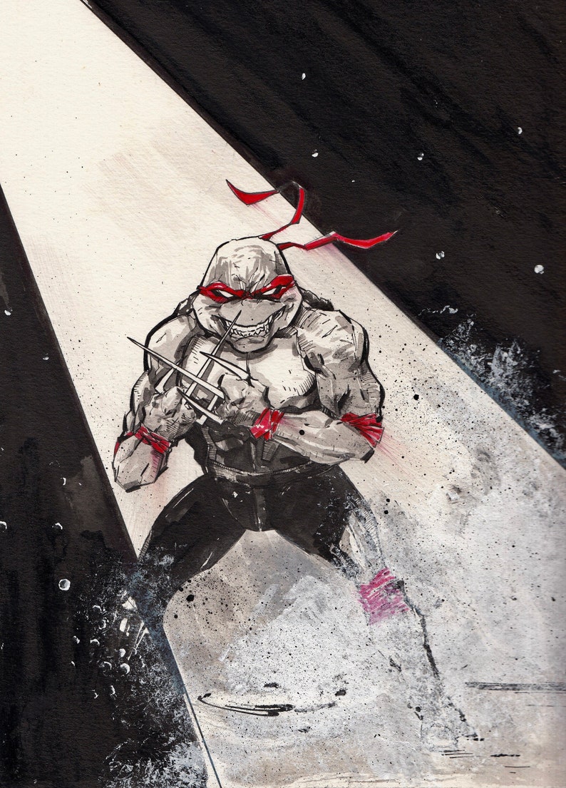 Pode incluir: Ilustra&ccedil;&atilde;o a preto e branco de um personagem musculoso com detalhes vermelhos, empunhando garras de metal. O personagem, com m&aacute;scara e pulseiras vermelhas, destaca-se num fundo a preto e branco, evocando uma banda desenhada ou graphic novel.