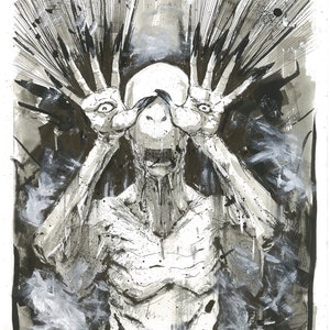 May include: A black and white ink drawing of a creature with a long, thin body and a large, open mouth. The creature has two pairs of hands, each with five fingers. The creature's eyes are wide open and staring.