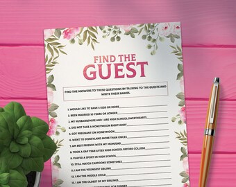 Find the Guest Bridal Shower Game, Find the Guest Game, Bridal Shower Games, Blush Gold Floral, Wedding Find Guest, Printable Download