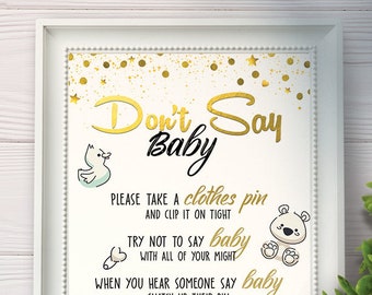 Dont Say Baby, Don't Say Baby Game Printable Don't Say Baby Sign Don't Say Baby Shower Game Gold Baby Shower Games Printable PDF JPEG print