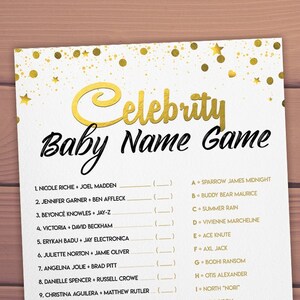 Celebrity Baby Names Game, Celebrity Baby Shower Games Printable pdf,  Gold Baby Shower Game Boy Baby Shower IdeasTemplate Name