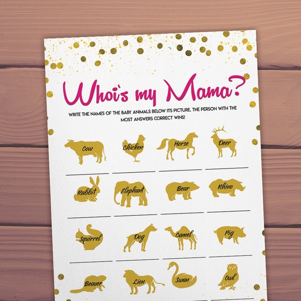 Who is My Mommy Animal Game, Printable Baby Games, Guess my Mama Game, Confetti Printable Baby Shower Games PDF 500hearts