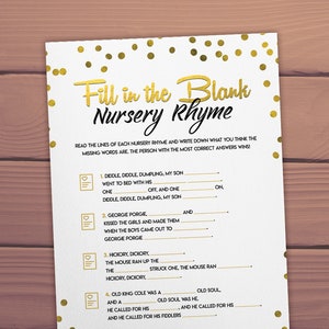 Quiz rymowanek dla dzieci Gra na baby shower do wydrukowania, uzupełnij luki, motyw zwierząt leśnych, tło z papieru typu kraft, motyw złoty pdf
