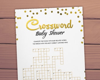 Gra do druku na Baby Shower w krzyżówce, gra do druku na Baby Shower w układance, gra w złote konfeti, natychmiastowe pobieranie cyfrowe