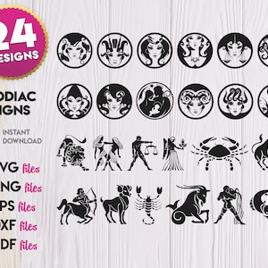 Tous les signes du zodiaque SVG Bundle, Signes du zodiaque Sihouette svg, Bélier, Taureau, Gémeaux, Cancer, Lion, Vierge, Balance, Scorpion, Sagittaire, Poissons